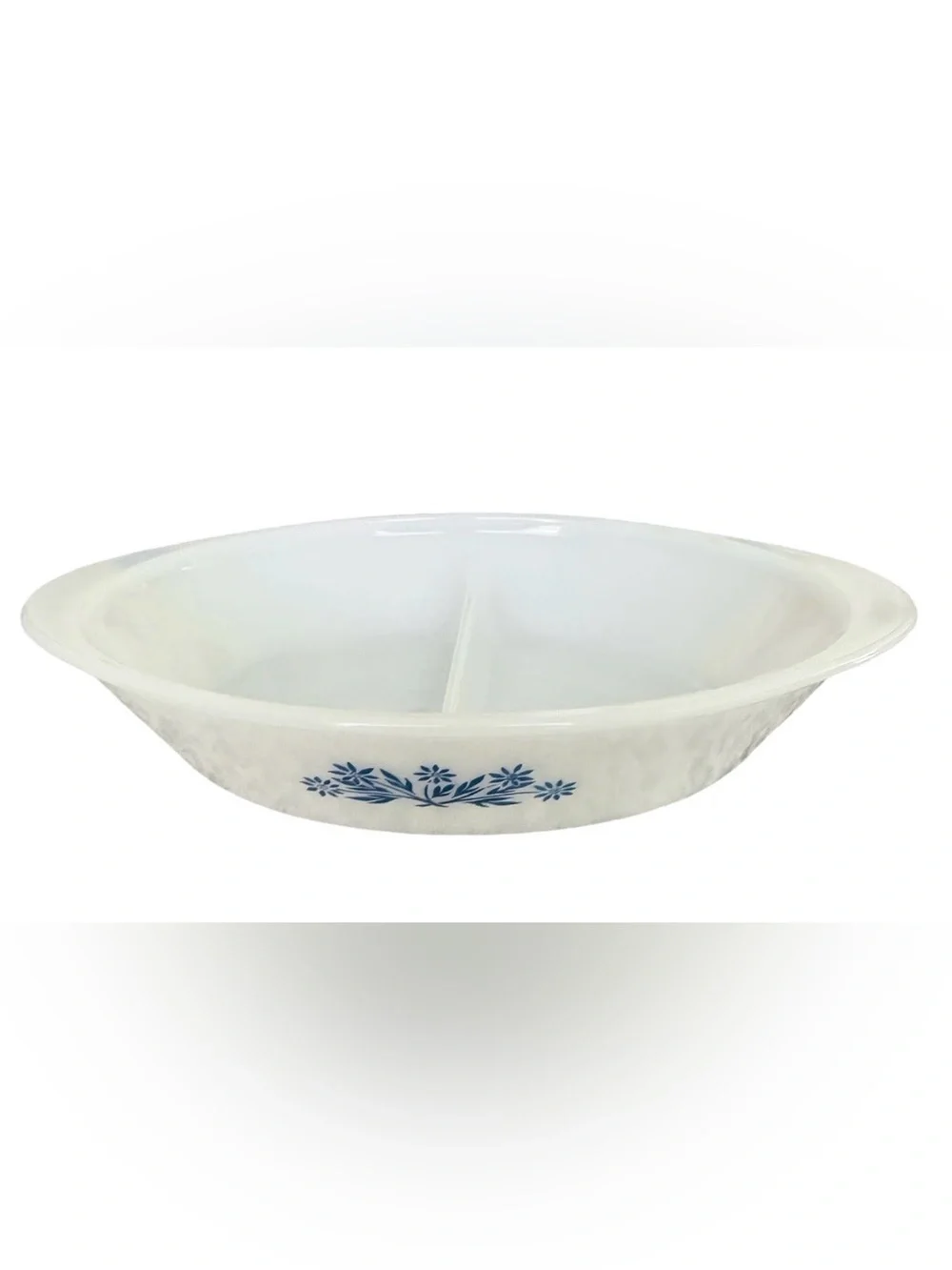 Vintage Glasbake divided white milk glass cornflower casserole dish
